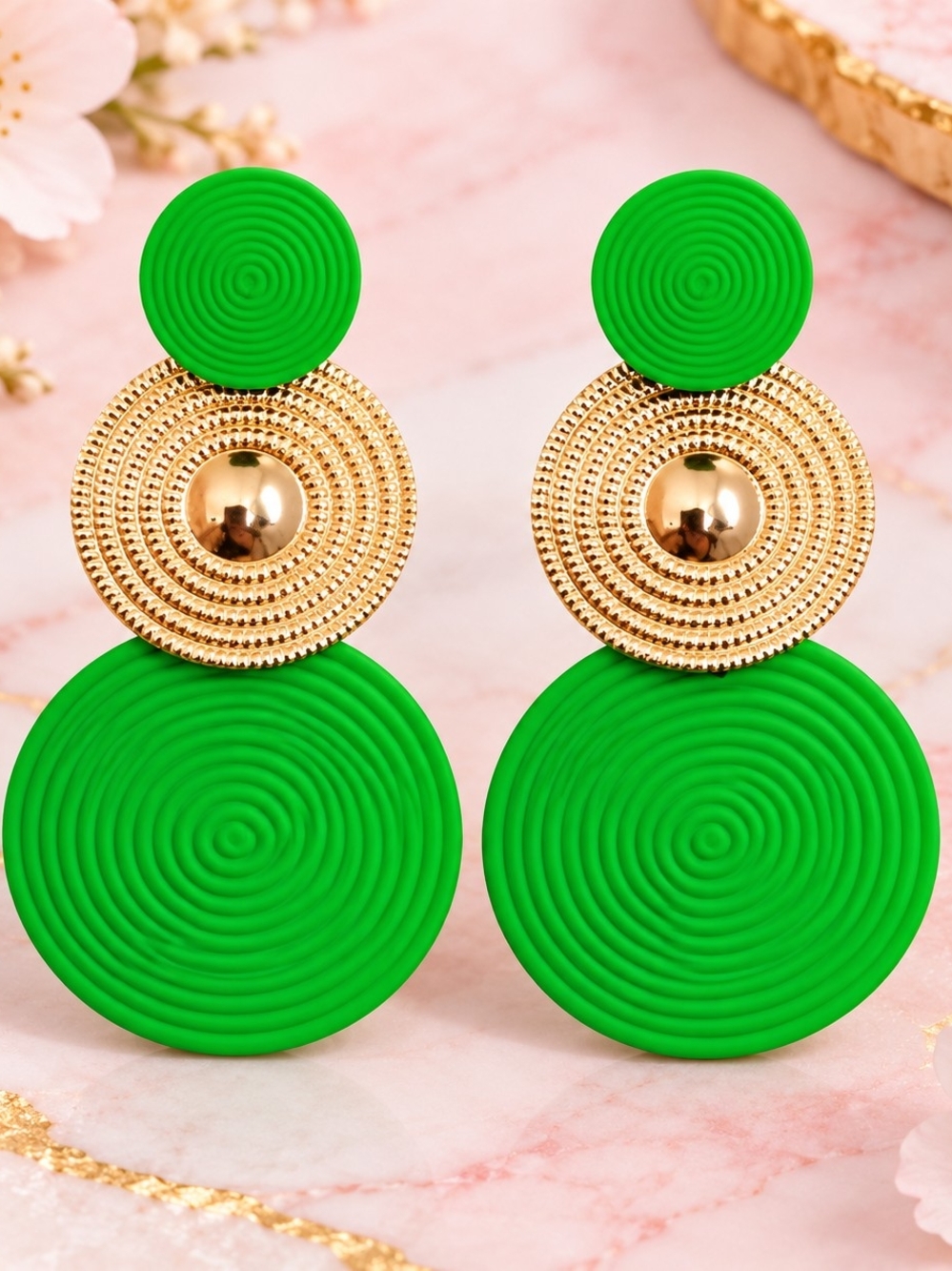 Gold and Green Statement Drop Earrings - Women Jewelry